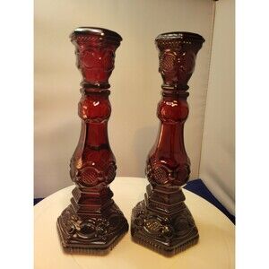 Two Avon Cape Cod Ruby Red glass Candlesticks pair 8.75"H Taper Candleholders
